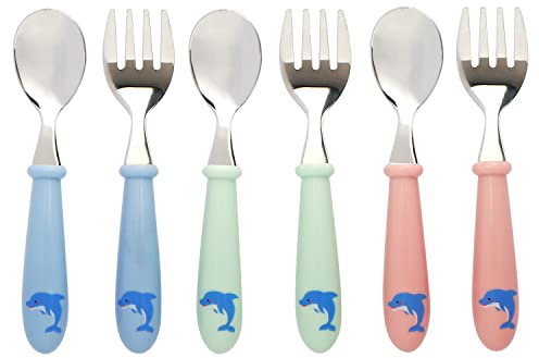 EXZACT Barnbestick 6 st rostfritt stål 18/10 barnbestick set 3 x gafflar, 3 x middagsskedar plasthandtag, småbarn redskap BPA-fri – delfin