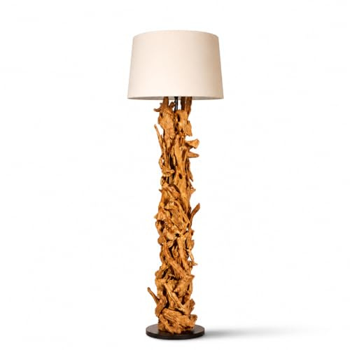 Bressmer CLEON Premium qualität Stehlampe Holz 165 cm | Handgefertigte luxuriös Treibholz Stehlampe Wohnzimmer mit E27 Fassung – Holzlampe Stehend mit Holzfuß & Unsichtbarer Kabelführung (Weiß)
