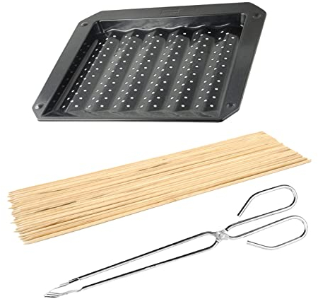 Fackelmann Set de Utensilios Barbacoa, Incluye Bandeja Perforada Zenker 38 cm, 25 Pinchos para Brochetas de Madera y Tenacillas 40 cm de Acero Inoxidable