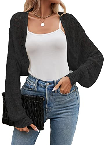 Famulily Boléro court d'été pour femme, à manches longues, avec dentelle florale au crochet, écharpe, cardigan, Noir , S