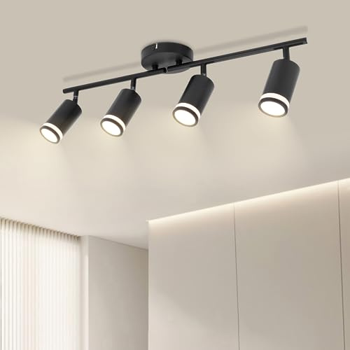 Ketom 4-Light Track Lighting Fixtures Ceiling, GU10 Black Led Ceiling Spotlight, Modern Track Light Kit for Kitchen Bedroom Living Room