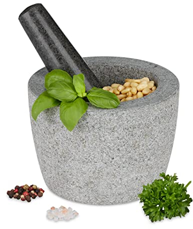 Relaxdays Mortero con Mano, Granito, Molcajete Redondo Piedra, 10 x 14 cm, Moledor Pesado, Especias y Hierbas, Gris, 10 x 14 x 14 cm