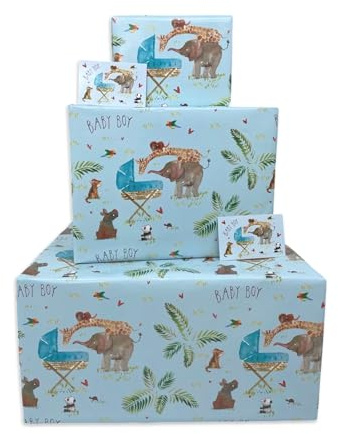 Twizler Papel de regalo para bebé niño, animales de la selva, 4 hojas, 4 etiquetas y tarjeta a juego, hojas plegadas de 70 cm x 50 cm, papel de regalo para baby shower