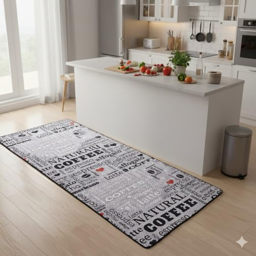 miqna Teppich Moderner Küchenteppich Gel Läufer Küchenläufer Grau Weiß Schwarz mit rutschfestem Bodenmuster mit Schriftzug Coffee Macchiato (grau, 120 x 180 cm)