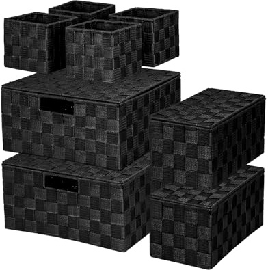 BinWhiz Set mit 8 gewebten Aufbewahrungsboxen mit Deckel, Polypropylen, handgewebtes Band, Aufbewahrungskorb für Regal, Schrank, Büro, Tisch, Länge 13 cm bis 33 cm, Schwarz