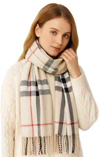 KARMA.DIEM Bufanda XXL Tacto Cachemira y Merino – Suave, Cálida y Ligera – 180x65 cm – Chal Estola de Invierno Unisex para Mujer y Hombre – Diseño de Cuadros Clásico – Ideal para Regalo (Marron Claro)