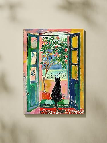 ALMLZL Henri Matisse Wall Art Cat in Famous Henri Matisse The Open Window Paintings Prints Original Design Cute Impressionist Prints Funny Cat Wall Decor Framed and Ready to Hang- 16x24inch/40x60cm
