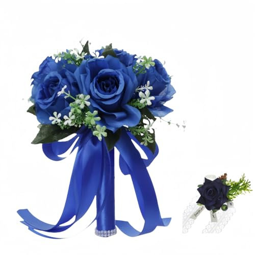 XIZHI Bouquet da sposa con fiori artificiali con rosa sul polso, per damigella d'onore, nastro di seta sintetica, per matrimoni, San Valentino, feste, balli studenteschi (blu reale)