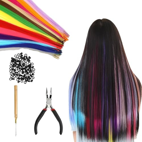 YIZWINS 50-teiliges Set aus bunten Haarverlängerungen, Haarverlängerung, Zopf, Haarverlängerung mit 150 Perlen und Haken