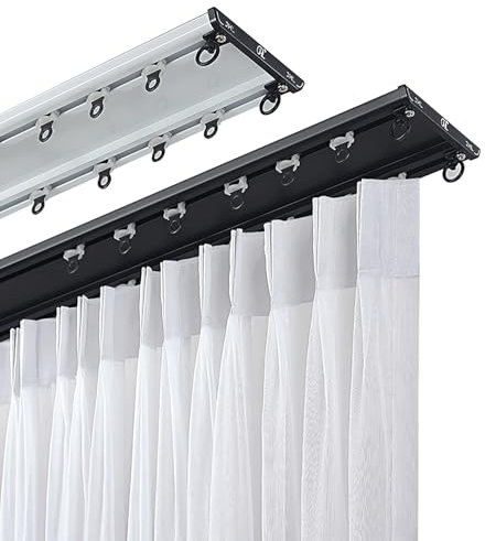 Gardinenschiene,Vorhangschiene,Aluminium,glatte,2-läufig,glänzende Oberfläche,vorgebohrt mit Endkappe,für Schiebevorhang,vorgebohrt, Komplettset mit Zubehör(Black,1.4m(4.6ft))
