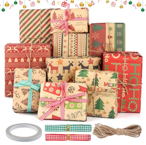 Geschenkpapier Weihnachten Set, 10 Blatt Weihnachten Geschenkpapier, 70 x 50cm Geschenkpapier Weihnachten Kraft, Weihnachtspapier mit Geschenkanhänger, Packseil und Doppelseitig Klebend
