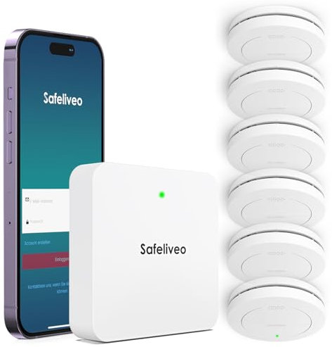 Safeliveo Detector de Humo interconectado WiFi, Detector de Humo con batería de 10 años, Juego de 6 con estación Base, Certificado TUV Rheinland, Juego de Alarma de Humo con Control por aplicación.