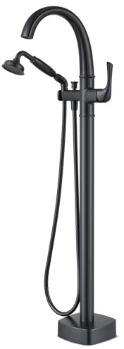 Free Standing Tub Faucet, Hanallx Luxury Matte Black Freestanding Bathtub Faucet with Sprayer, Premium Brass High Flow Rate Floor Mount Tub Filler Swivel Spout, Roman Tub Faucet Set（HM88011-BK）