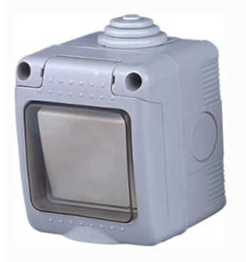 Conmutador estanco de superficie 16A/250V IP55 con tapa de plástico, protección contra agua y polvo, ideal para exteriores y entornos húmedos.