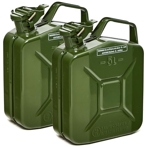 BW® Benzinkanister Metall 2x 5 Liter - Kraftstoffkanister Olivgrün - RAL 6003 - TÜV-geprüft und UN-Zulassung - 0,8mm Stahl nach DIN 7274 für Benzin Diesel E10 2-Takt - Made in Europe