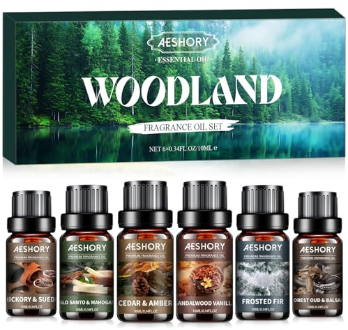 AESHORY Skogsmark Eteriska Oljor Set 6 x 10ml, Aroma Diffuser Olja Gift Set, Naturlig Aromaterapi Oljor Doftoljor för Diffusorer - Hickory & Mocka, Sandelträ Vanilj, Frostad Gran, Palo Santo & Mahogny
