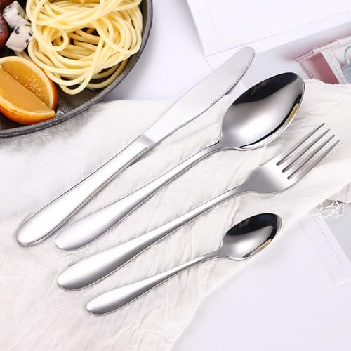 Juego de cubiertos de plata que incluye cuchillos, tenedores y cucharas. Vajilla de acero inoxidable 18/10 de primera calidad. Servicio para 6 personas. Pulido a espejo. Uso diario familiar. Cocina.