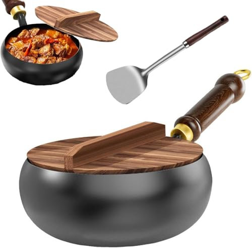 Genérico Wok de hierro japonés forjado a mano con tapa de madera – Sartén natural antiadherente – Wok de acero inoxidable sin recubrimiento – Compatible con inducción, gas y electricidad,24cm