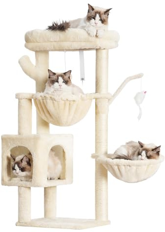 Heybly Katträd, 100 cm torn-kondominium med klösstolpe, katttorn för inomhuskatter, helt insvept sisalstolpe, mjuk plattform, 2 korgar och dinglande leksak, Beige HCT006SM