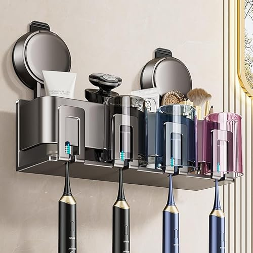 Toothbrush Holders Bathroom, Suction Cup Toothbrush Holder Wall Mounted with 2 Mouthwash Cups, Adjustable Toothbrush Stand,Makeup Brush Razor Toothbrush Caddy Holder for Bathroom Kitchen (4 Cup)