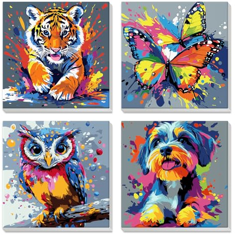 4 Pack Paint by Numbers for Children with Wooden Frame, Tiger, Butterfly, Owl, Dog, DIY Paint by Number for Kids Ages 4-8-12, Easy Paint by Numbers Kits, Kids Paint for Home Wall Decor 20X20 cm