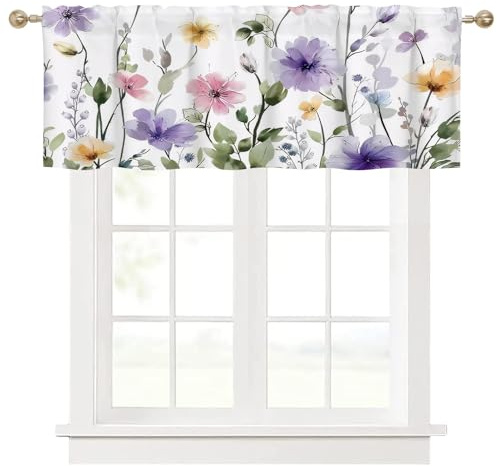 Ausing Küche Paneel Vorhang mit Lila Blumen Prints Landhaus Küchenvorhang Kurze Tiers Vorhang für kleines Fenster