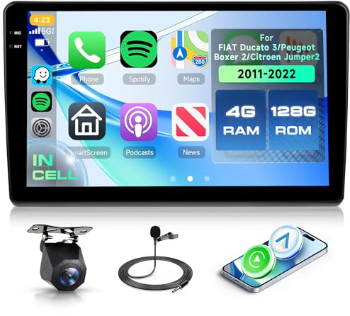 4G+128G Android Autoradio für FIAT Ducato 3/Peugeot Boxer 2/Citroen Jumper2 2011-2022 9 Zoll Wireless Carplay Autoradio mit Android Auto Navi GPS Mirror Link Bluetooth FM/RDS/EQ SWC Rückfahrkamera
