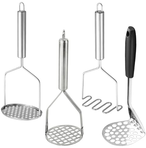4PCS Potato Mashers, Potato Masher with 4 Style, Potato Mashers Stainless Steel, Potatoes Mashers with Firm Grip Potatoes Masher for Potatoes Vegetables Berries Fruits Avocado