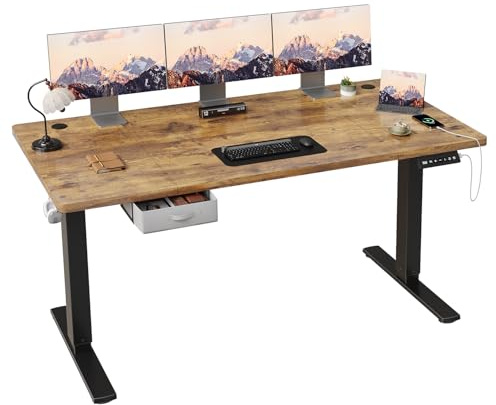 JUMMICO Höhenverstellbarer Elektrischer Stehtisch 180 x 80 cm mit Schublade und Haken – Höhenverstellbarer Sitz-Steh-Tisch mit Stabilem Stahlrahmen, Breiter Stehtisch für das Homeoffice, Braun