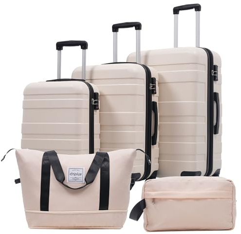 Merax 5-teiliges Gepäckset, Hartschalenkoffer M-L-XL mit 4 Rollen, ABS-Material, TSA-Schloss, L-XL erweiterbar 3-5 cm, inkl. 1 Reisetasche und 1 Kulturbeutel, Beige + Schwarz