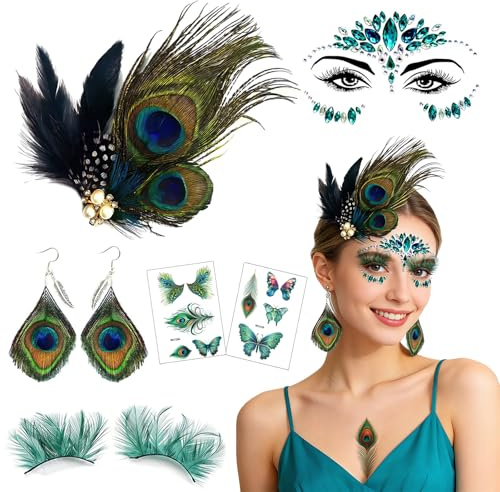 Pfau Haarreif, 6 Stück Pfauenfedern Kopfschmuck Haarschmuck Set Pfau Kostüm Damen Accessoires, Ohrringe,Wimpern, Glitzersteine Gesicht, Pfau-Themen Outfit Accessoires für Karneval Mottoparty Cosplay