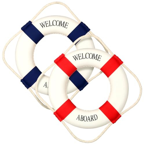 Vercraft 2 Pcs 12 Lifebuoy Wall Hanging Decor Large Life Preserver Ring Decorative Welcome Aboard Mediterranean Style Decoration Nautical Pool Safety Ring for Swim Tube Home Wall Window, Red and Blue