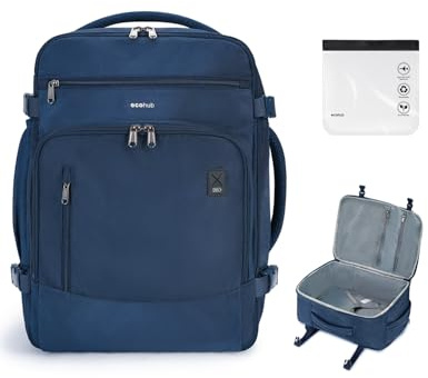 ECOHUB Zaino Bagaglio a Mano Easyjet 45x36x20 Valigia Viaggio Aereo Sotto il Sedile 13 Tache Zaino da Cabina Porta USB Grande Impermeabile Ecologica in PET Riciclato da 30 Litri (Blu)