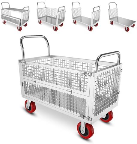 MediHoist 5-in-1 Heavy Duty Silver Platform Trolley 112x71cm,1000kg Capacity Cage Trolley with 15cm Silent Wheels,Versatile Flatbed/U-Shaped/3-Sided Folding Trolley for Warehouse/Logistics/Supermarket