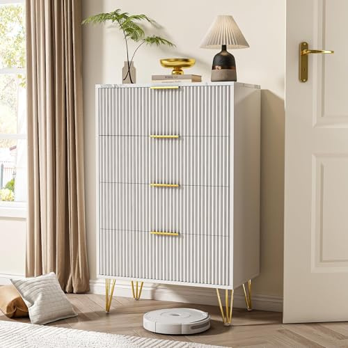 Wumagin Kommode mit 4 Schubladen fürs Schlafzimmer,Moderne Kommode aus Gerilltem Holz, Wohnzimmerkommoden mit Goldenen Griffen, Schrank mit Marmorimitat für den Flur ((Weiß)