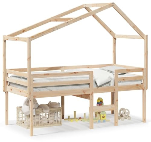 Mhdvray Hochbett mit Dach 75x190 Kiefer Massivholz hohes Jugendbett Spielbett mit Leiter und Geländer platzsparendes Einzelbett für Kinder ab 6 Jahre
