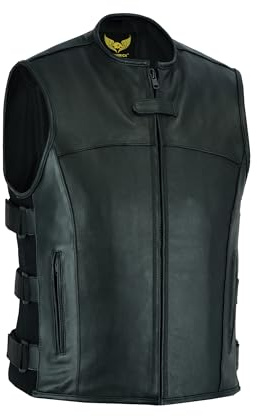 Leatherick Chaleco de motociclista de cuero táctico Warrior Style para hombre, muy elegante para andar en bicicleta, con bolsillos profundos