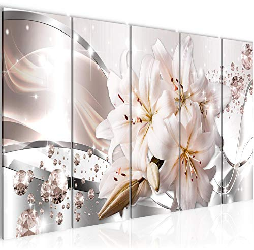 Runa Art Väggmålning XXL Blommor Liljor 200 x 80 cm Beige Grå 5 Delar - Made in Germany - 021855a