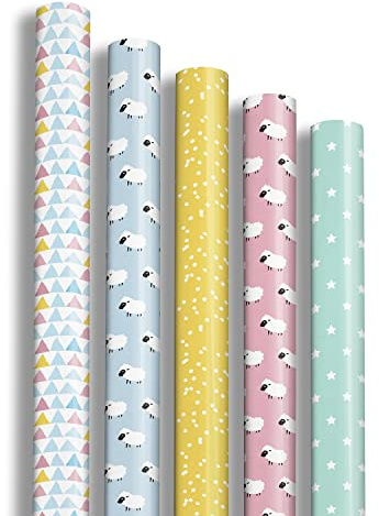 Clairefontaine 211415AMZC – Caja de 12 rollos de papel de regalo – Papel Excellia 80 g – Tamaño: 2 x 0,70 m – Patrón: ovejas, triángulos, niños, multicolor – Embalaje de regalo