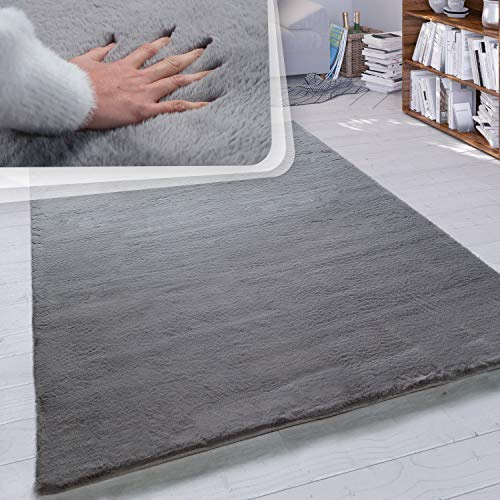 Paco Home Hochflor Teppich Wohnzimmer Schlafzimmer Shaggy Modern Flauschiger Fellteppich Weich Fell Imitat Kunstfell Einfarbig, Grösse:200x290 cm, Farbe:Anthrazit