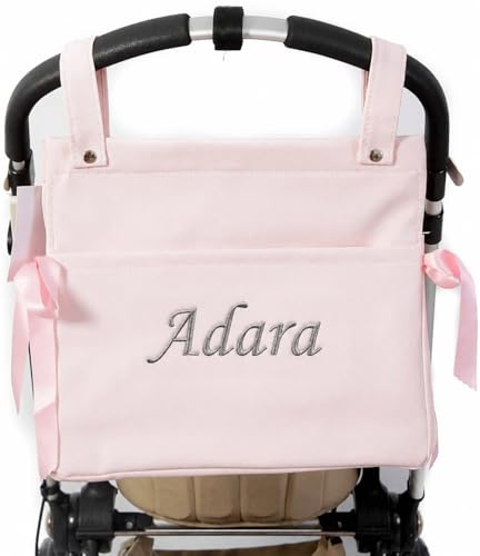 Danielstore Bolso Talega Personalizado Carrito Bebé Polipiel Nombre Bordado Bolso Lactancia Universal con Bolsillos Cremallera Organizador Carro Bebé 38 x 33 x 11 cm