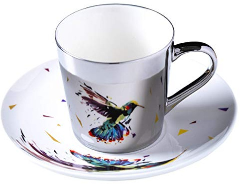 fanquare Vogel Spiegel Reflexions Design Porzellan Teetasse Set, Silber Keramik Kaffeetasse mit Untertasse, 250ml