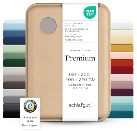 schlafgut Premium Spannbettlaken 180x200 cm Bio-Baumwolle, Sand Mid | Bettlaken, Spannbetttuch 200x200, 200x220 cm, Sand, Mako Zwirn-Jersey 220 g/m², bis 35 cm Steg, blickdicht, Made in Green