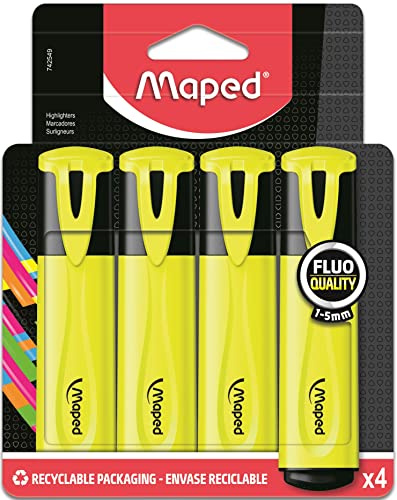 Maped - Evidenziatori Fluo'Peps Classic - Evidenziatori a lunga durata per uso scolastico e professionale - Confezione di 4 evidenziatori giallo fluo