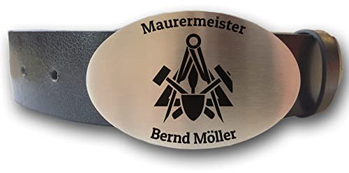 elbedruck Ledergürtel mit ovaler Gürtelschnalle Zunftzeichen Maurer und Wunschgravur personalisiert Dein Text Name Gürtel Geschenk Meurer Betonbauer