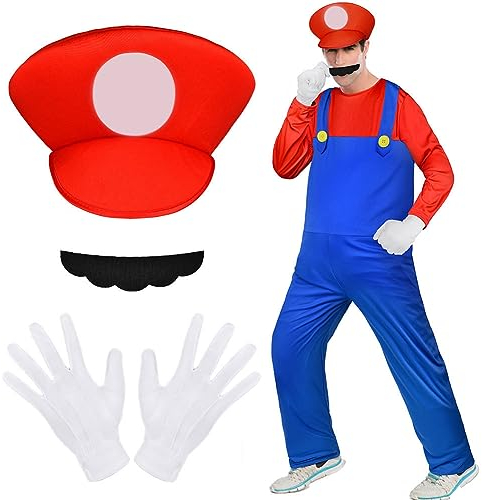 Aomig Disfraz Mario Bros, 4pcs Set de Accesorios Mario y Luigi Classic con Guantes, Bigote y Gorra Roja, para Halloween, Carnaval y Navidad, Cosplay de Hombre, Mujer, Adulto, Niños