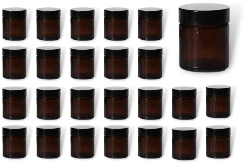 Kit de Mini Bocaux en Verre rond (Lot de 24) - Pot réutilisable en Verre avec Couvercle Noir - Pot Vide Cosmétiques, Lotion, Crème Visage, Huile Essentielle, bougie et Maquillage (Ambré) (30 ml)