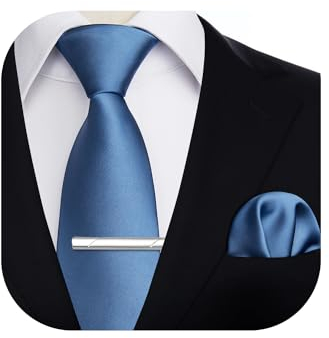HISDERN Krawatte für Herren Blau - Krawatte mit Einstecktuch Krawattenklammer Hochzeit Einfarbig Seide Krawatten und Taschentuch Set für Männer