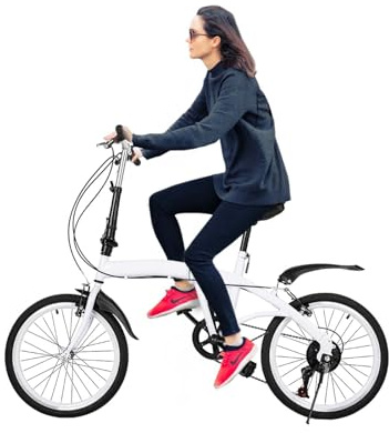 EieiKaha Folding Bike, Outside 20 Inch Folding Mountain Bike 6 Speed Full Suspension High-Carbon Steel Frame Mini Portable Bicycle, Foldable Bikes for Adults/Men/Women, White
