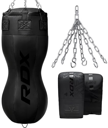 RDX 4FT Unfilled Double Angle Punch Bag with Gloves & 6-Panel Hanging Chain – Uppercut & Body Shot for Boxing, Muay Thai, MMA, Kickboxing, Power Training – Unique Angled Design for Realistic Striking